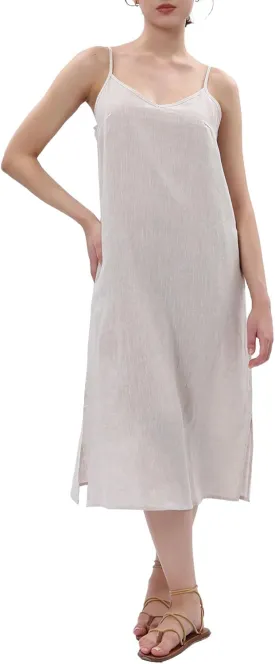 Amazhiyu Womens Pure Linen Summer V Neck Midi Spaghetti Strap Slip Dress with Pockets