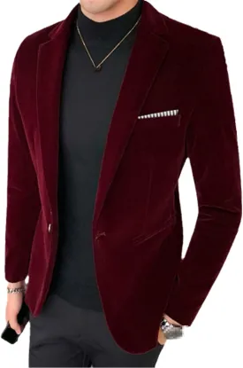 Burgundy Velvet Blazer Men Fashion Casual Blazer Men Wedding Groom Slim Blazer Formal Evening Dress