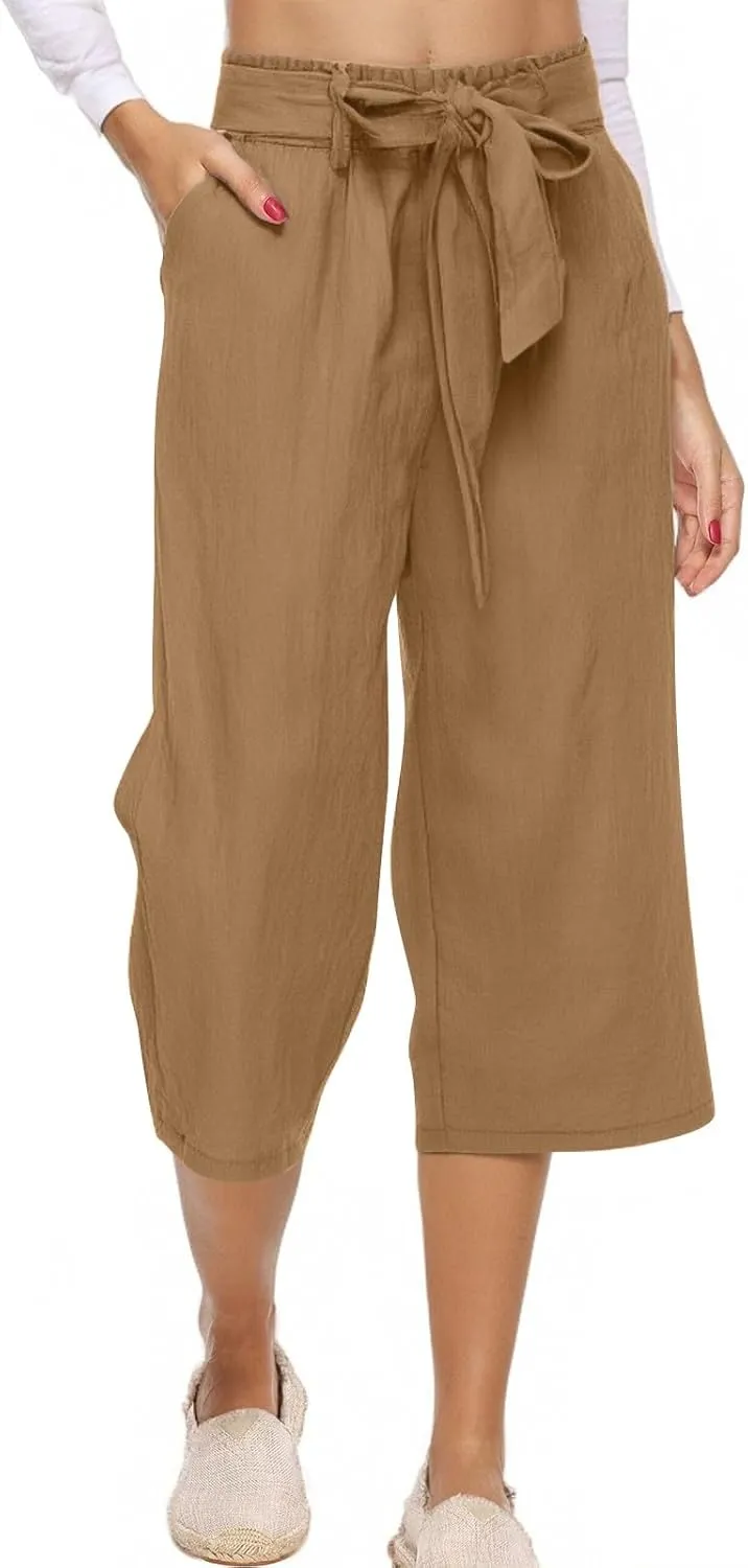 Drawstring Linen Pants Women Beach Loose Vacation Straight Palazzo Linen Slacks for Women