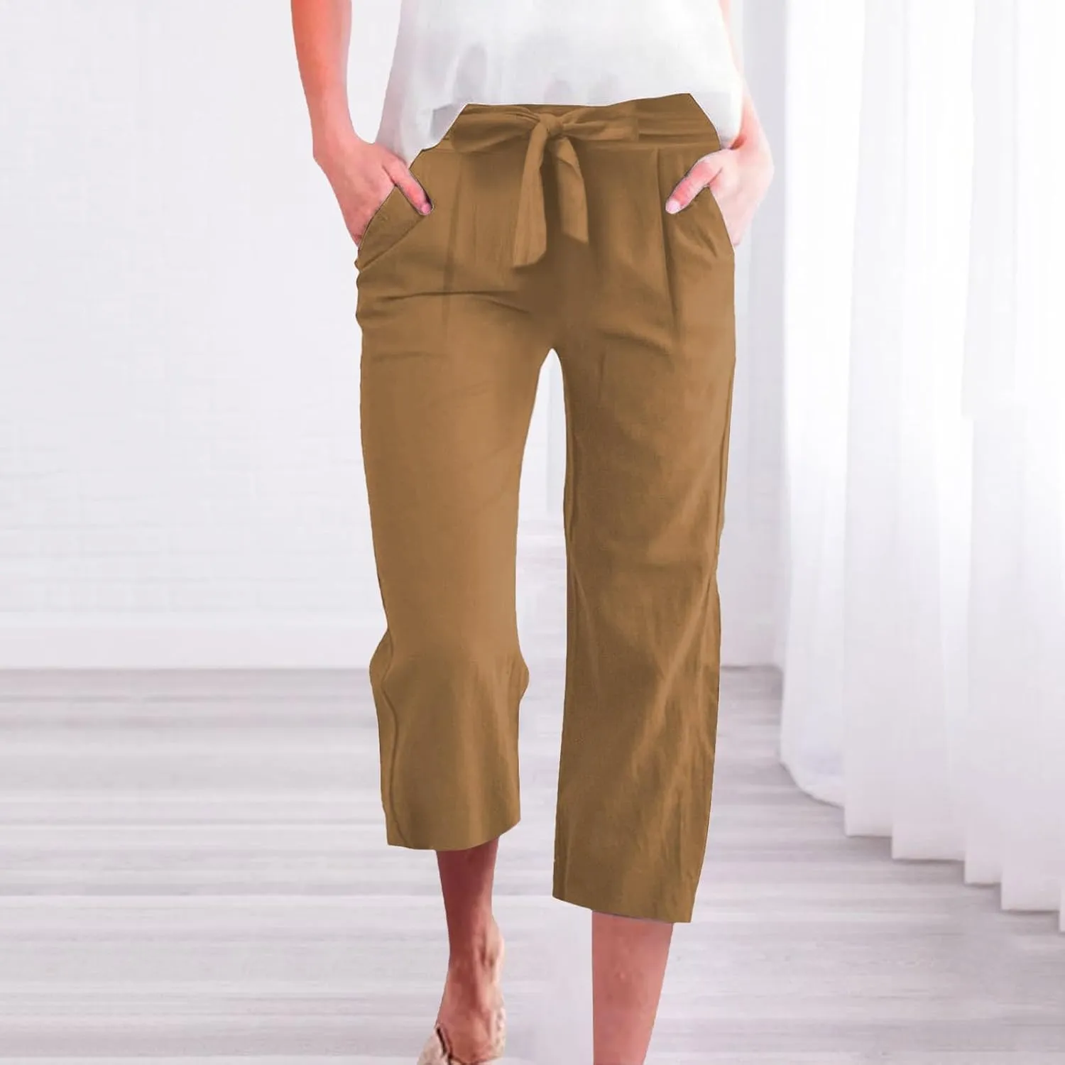Drawstring Linen Pants Women Beach Loose Vacation Straight Palazzo Linen Slacks for Women