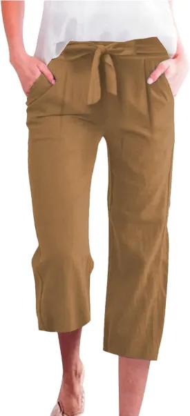 Drawstring Linen Pants Women Beach Loose Vacation Straight Palazzo Linen Slacks for Women