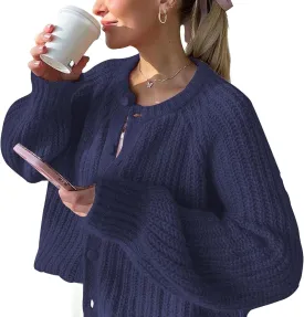 FindThy Womens Chunky Knit Cardigan Long Sleeve Button Down Crewneck Fall Sweater Coat
