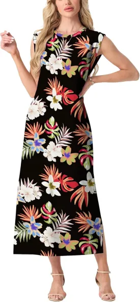 GRECERELLE 2025 Women Summer Casual Round Neck Cap Sleeve Maxi Dress with Pockets Beach Vacation Sundress