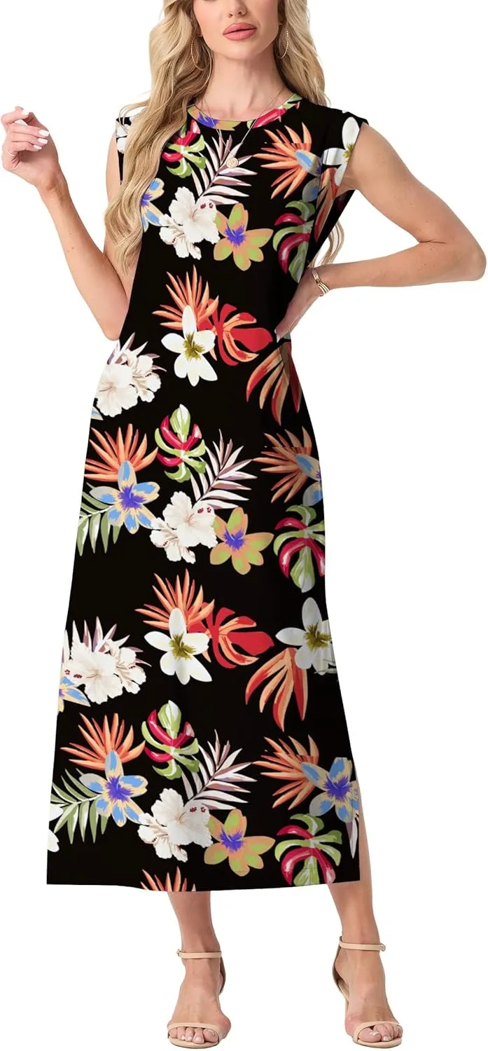 GRECERELLE 2025 Women Summer Casual Round Neck Cap Sleeve Maxi Dress with Pockets Beach Vacation Sundress