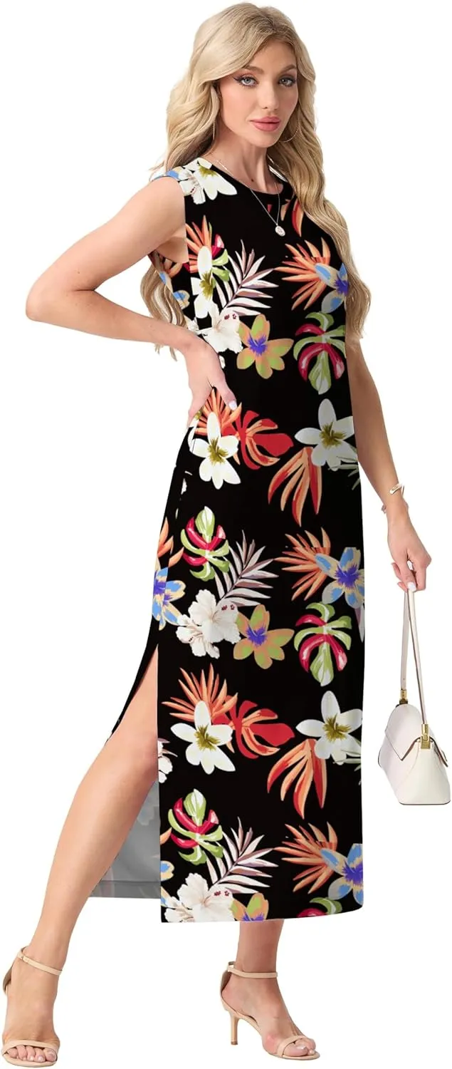 GRECERELLE 2025 Women Summer Casual Round Neck Cap Sleeve Maxi Dress with Pockets Beach Vacation Sundress