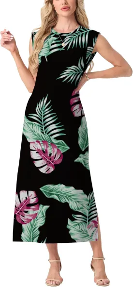 GRECERELLE 2025 Women Summer Casual Round Neck Cap Sleeve Maxi Dress with Pockets Beach Vacation Sundress