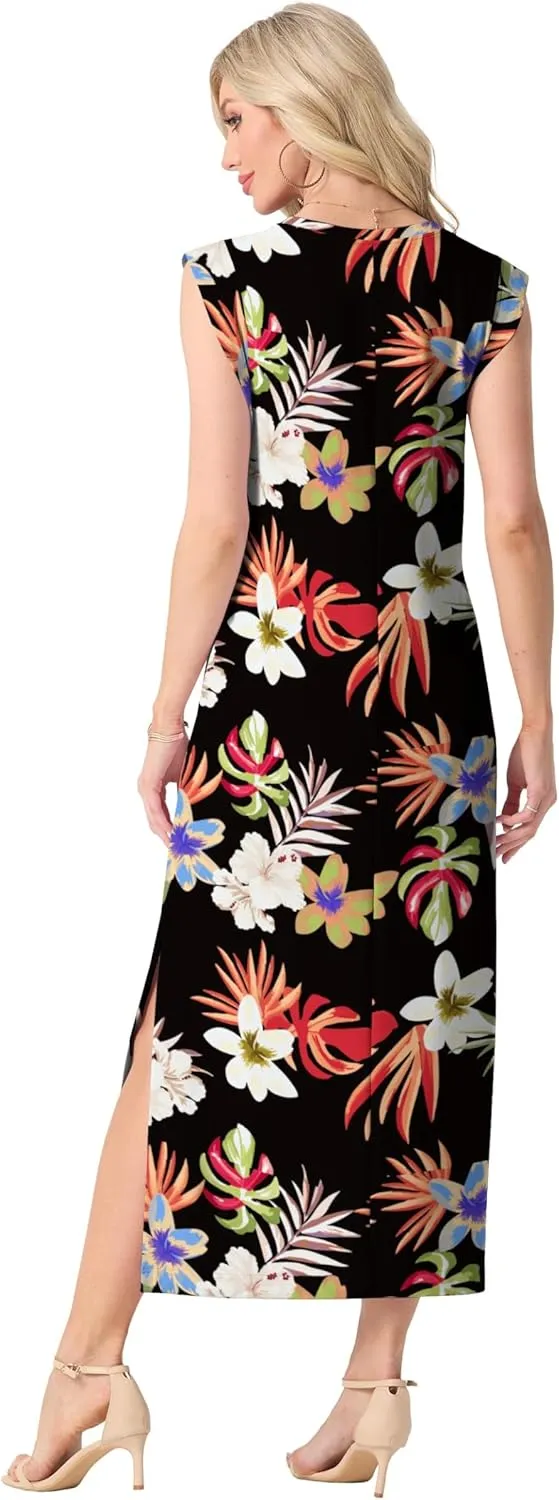 GRECERELLE 2025 Women Summer Casual Round Neck Cap Sleeve Maxi Dress with Pockets Beach Vacation Sundress