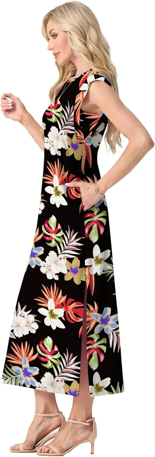 GRECERELLE 2025 Women Summer Casual Round Neck Cap Sleeve Maxi Dress with Pockets Beach Vacation Sundress