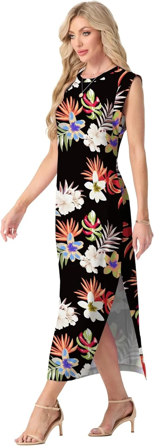 GRECERELLE 2025 Women Summer Casual Round Neck Cap Sleeve Maxi Dress with Pockets Beach Vacation Sundress