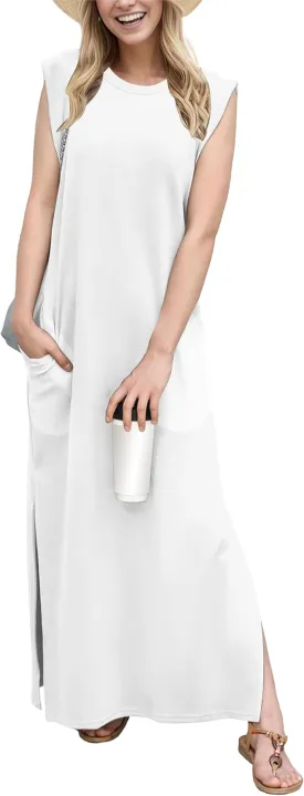 GRECERELLE 2025 Women Year-Round Casual Round Neck Loose Split Wrinkle-Free Long Maxi Vacation Dress with Pockets (XS-3XL)
