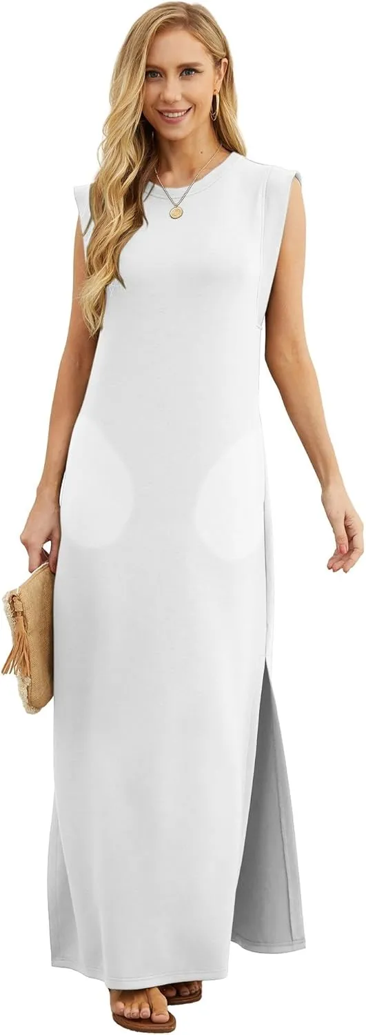 GRECERELLE 2025 Women Year-Round Casual Round Neck Loose Split Wrinkle-Free Long Maxi Vacation Dress with Pockets (XS-3XL)