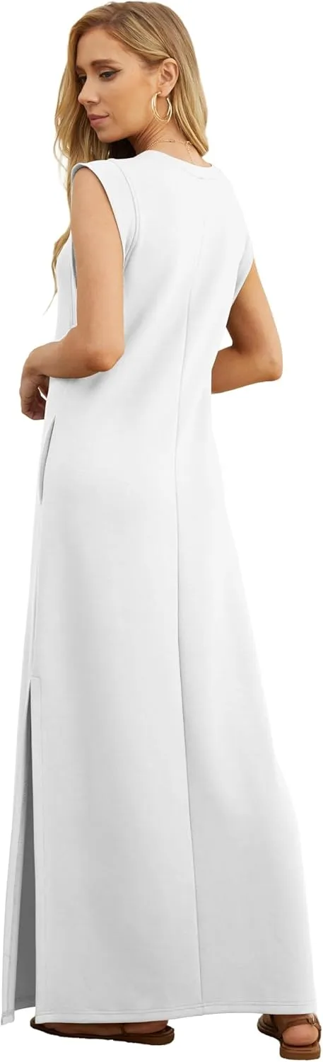 GRECERELLE 2025 Women Year-Round Casual Round Neck Loose Split Wrinkle-Free Long Maxi Vacation Dress with Pockets (XS-3XL)