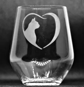 Hand Etched Stemless Wine Glass/Tumbler With a Cat In Heart Image