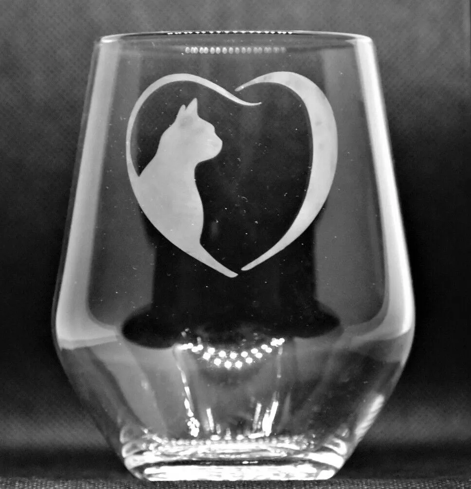 Hand Etched Stemless Wine Glass/Tumbler With a Cat In Heart Image