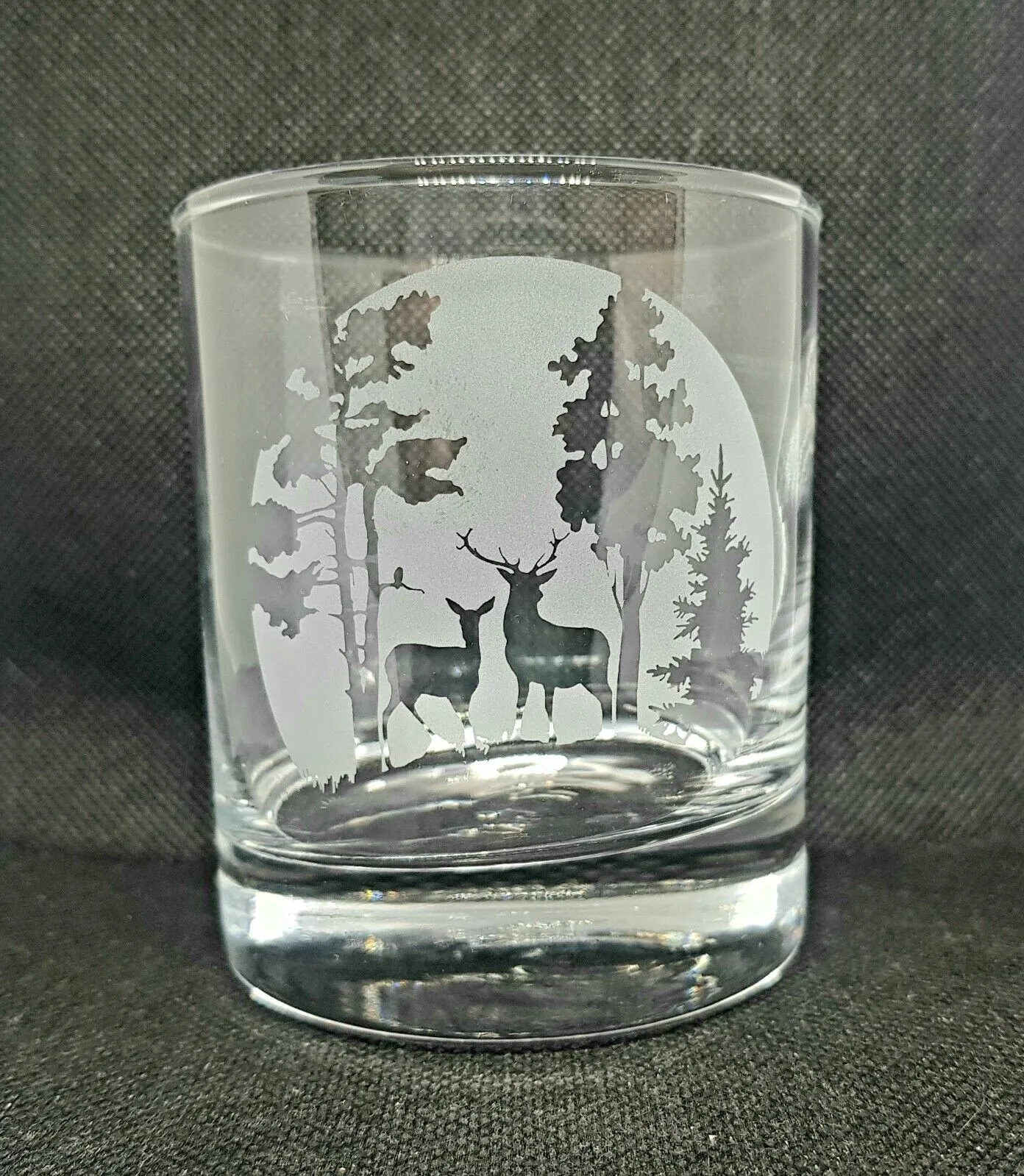 Hand Etched Whiskey Glass/Tumbler With Deer caught in the Moonlight image