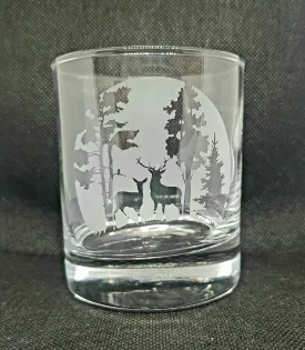 Hand Etched Whiskey Glass/Tumbler With Deer caught in the Moonlight image