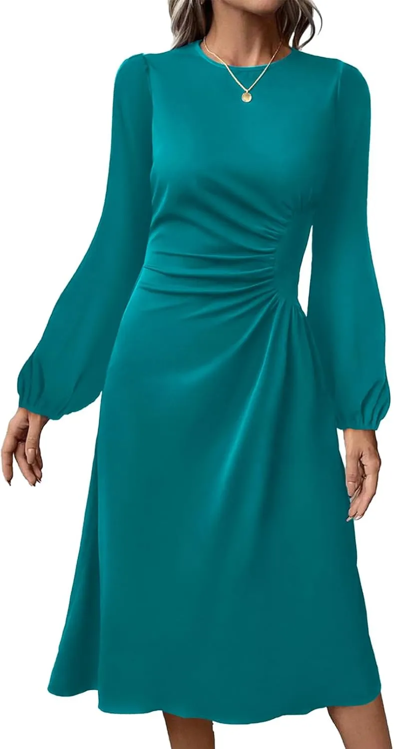 Happy Sailed Women's Long Sleeve Ruched Waist Flowy A Line High Low Midi Cocktail Party Dress