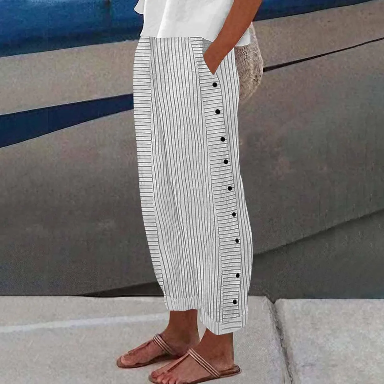 Linen Cotton Pants Women Casual Loose Lightweight Dressy High Waist Linen Capri Women