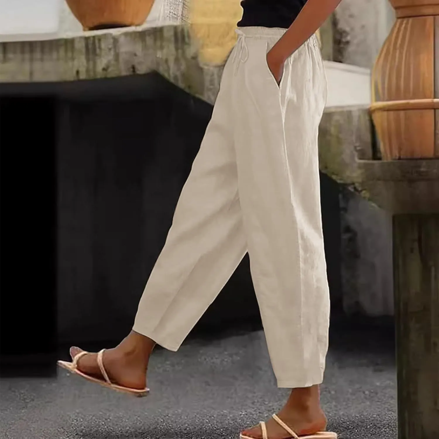 Linen Cotton Pants Women Lounge Fashion Loose High Waist Beach Linen Trousers for Women