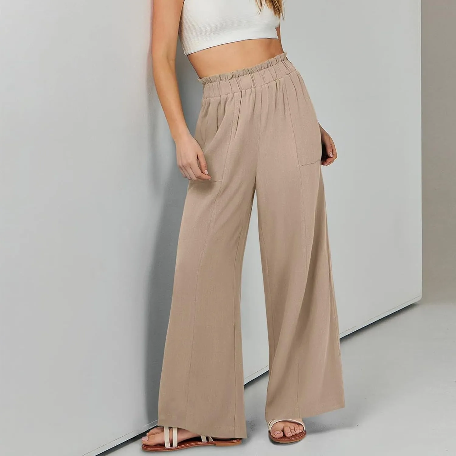 Linen Palazzo Pants for Women Beach Straight Casual Drawstring Lightweight Cotton Linen Capris for Women
