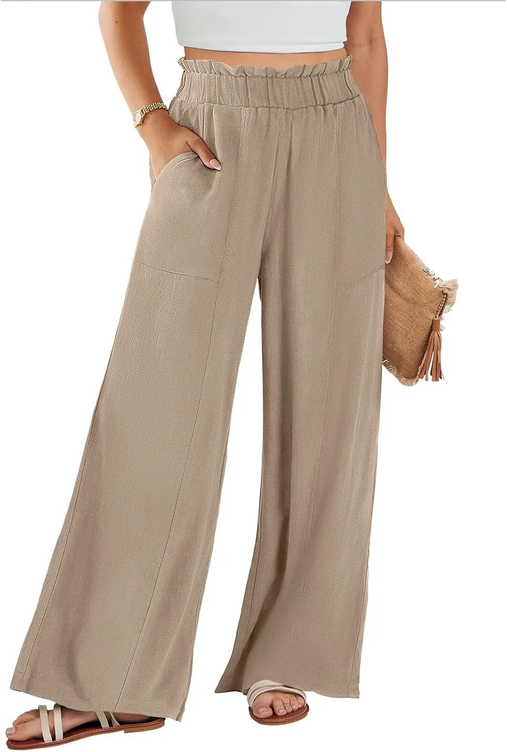 Linen Palazzo Pants for Women Beach Straight Casual Drawstring Lightweight Cotton Linen Capris for Women