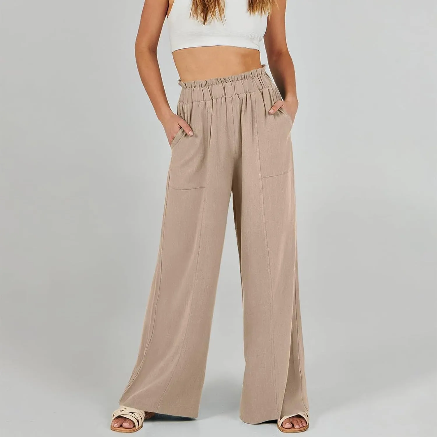 Linen Palazzo Pants for Women Beach Straight Casual Drawstring Lightweight Cotton Linen Capris for Women