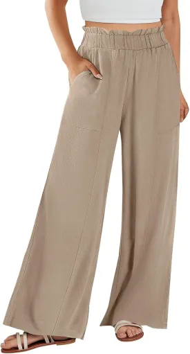 Linen Palazzo Pants for Women Beach Straight Casual Drawstring Lightweight Cotton Linen Capris for Women