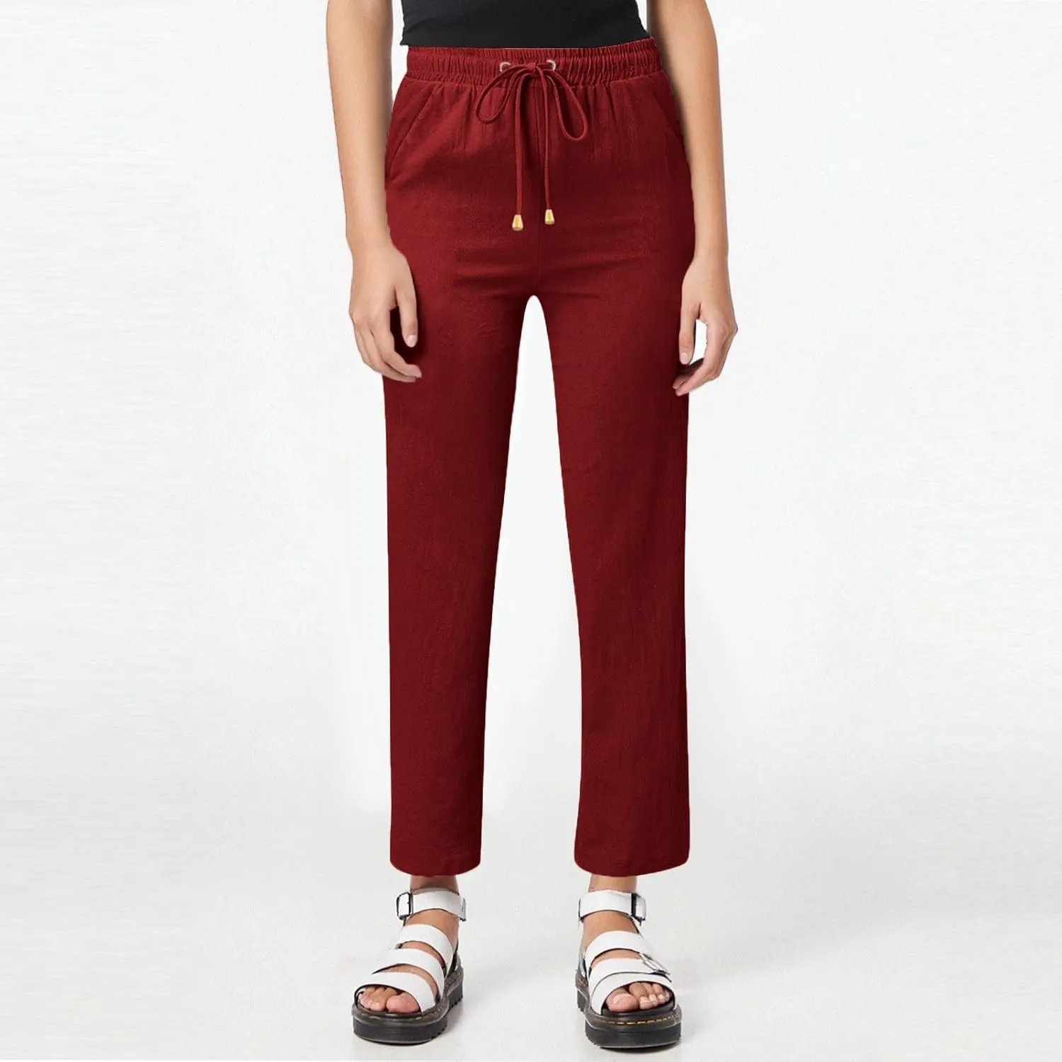 Linen Pant Suits for Women Straight Beach Casual Elastic Waist Loose Linen Slacks for Women