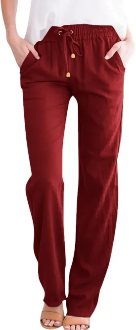 Linen Pant Suits for Women Straight Beach Casual Elastic Waist Loose Linen Slacks for Women