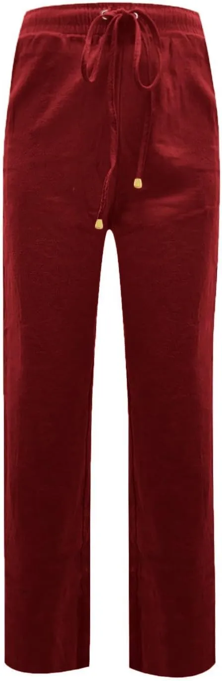 Linen Pant Suits for Women Straight Beach Casual Elastic Waist Loose Linen Slacks for Women