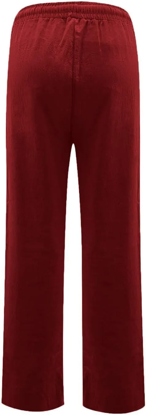 Linen Pant Suits for Women Straight Beach Casual Elastic Waist Loose Linen Slacks for Women