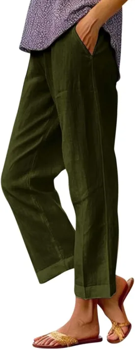 Linen Pants Women Plus Size Straight Loose Beach Elastic Waist Casual Women's Cotton and Linen Cropped Trousers