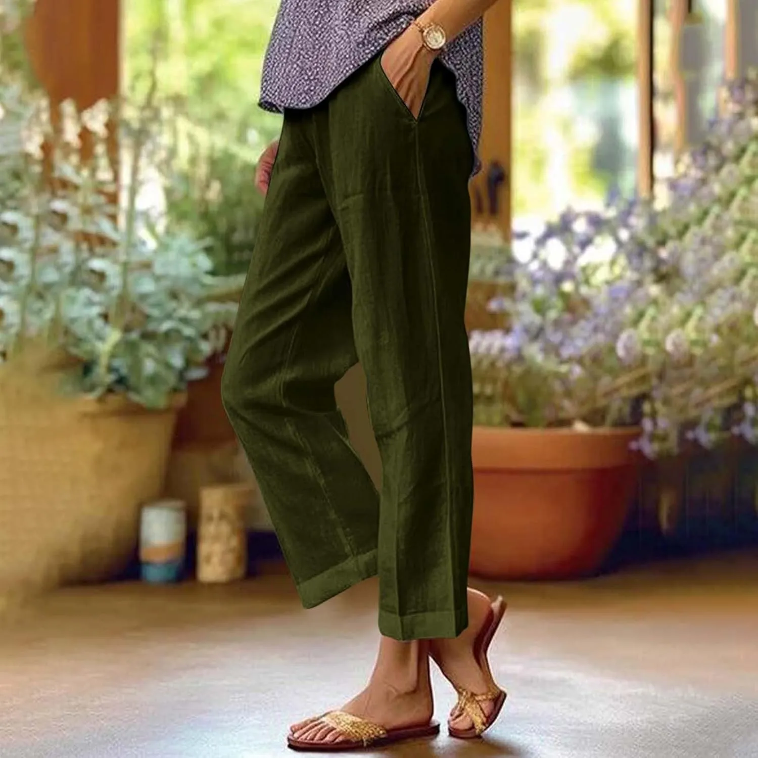 Linen Pants Women Plus Size Straight Loose Beach Elastic Waist Casual Women's Cotton and Linen Cropped Trousers