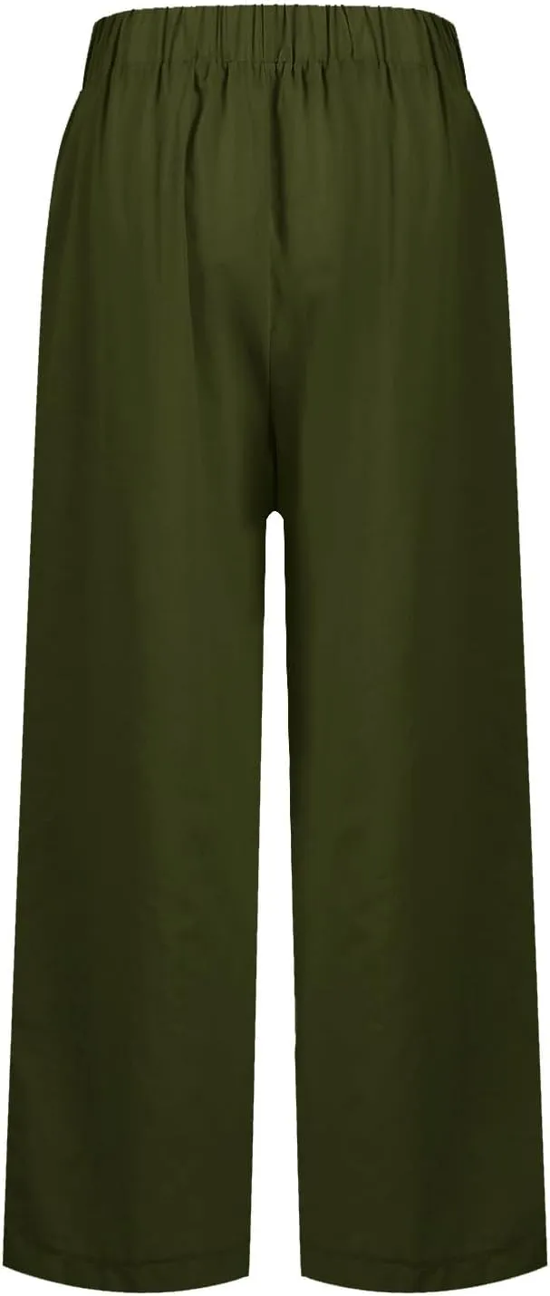 Linen Pants Women Plus Size Straight Loose Beach Elastic Waist Casual Women's Cotton and Linen Cropped Trousers