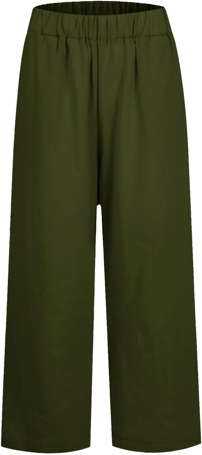 Linen Pants Women Plus Size Straight Loose Beach Elastic Waist Casual Women's Cotton and Linen Cropped Trousers