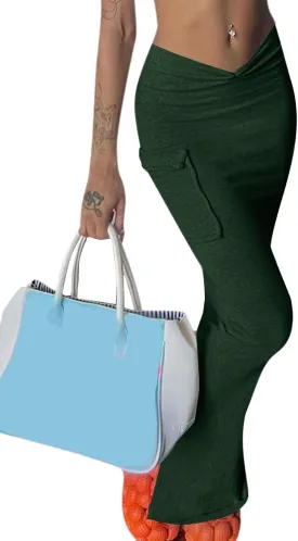LYANER Women's High Waist Ruched Split Solid Pencil Long Maxi Skirt with Flap Pockets