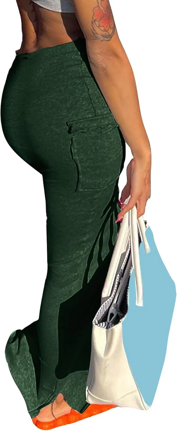 LYANER Women's High Waist Ruched Split Solid Pencil Long Maxi Skirt with Flap Pockets