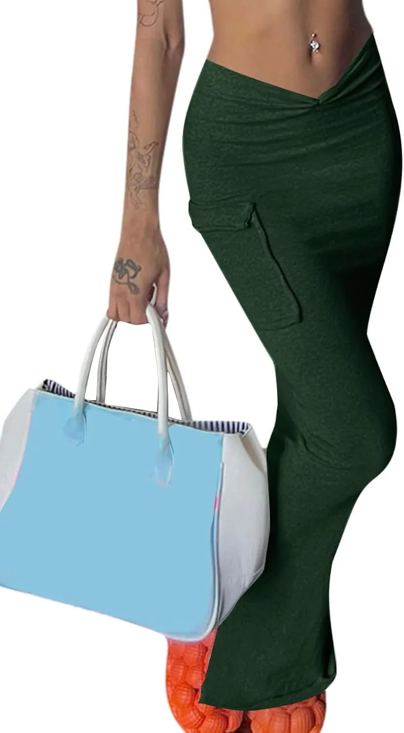 LYANER Women's High Waist Ruched Split Solid Pencil Long Maxi Skirt with Flap Pockets