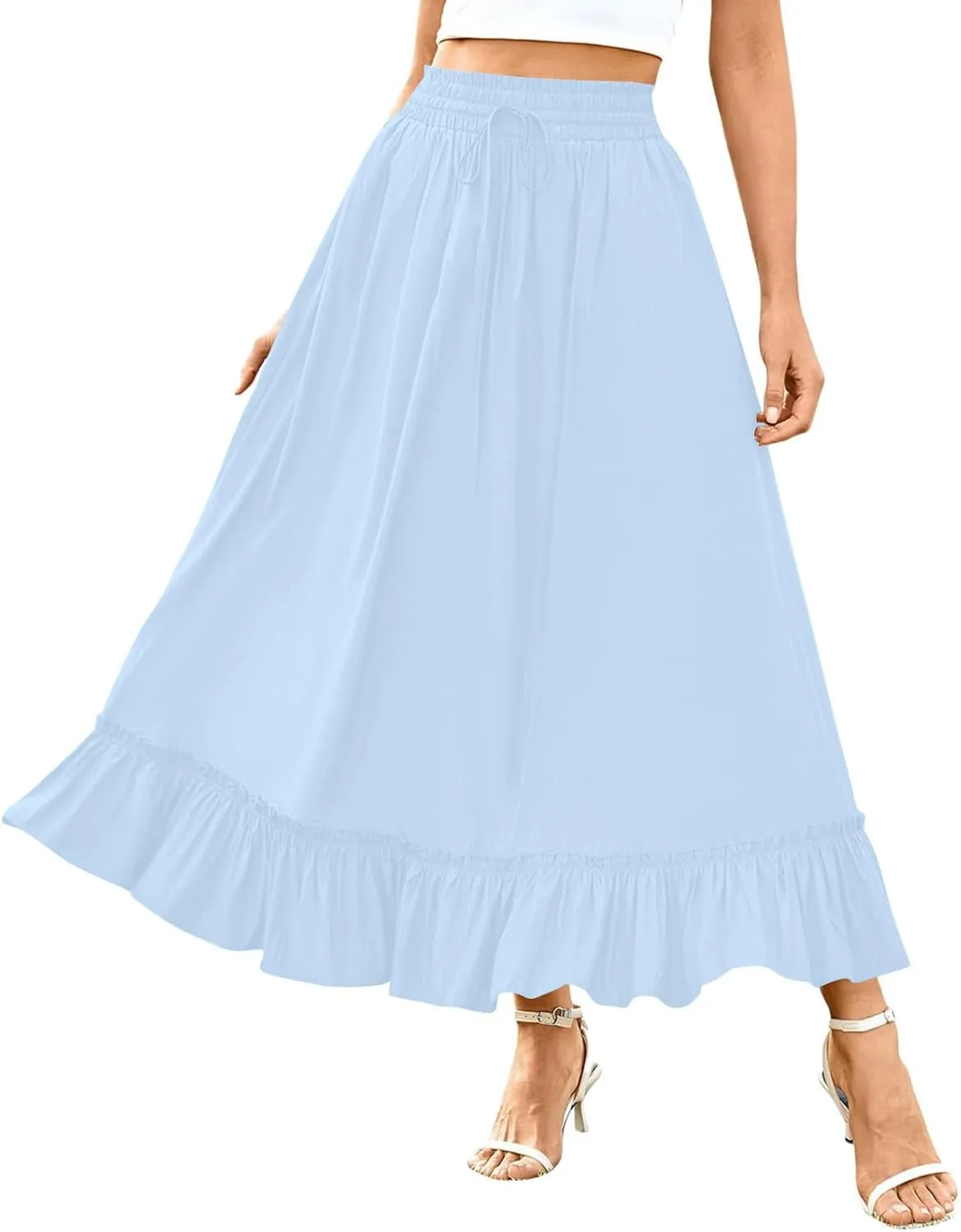 Maxi Skirts for Women Summer Casual Tiered Flowy Pleated Long Skirts Trendy Boho High Waisted Drawstring A Line Skirt