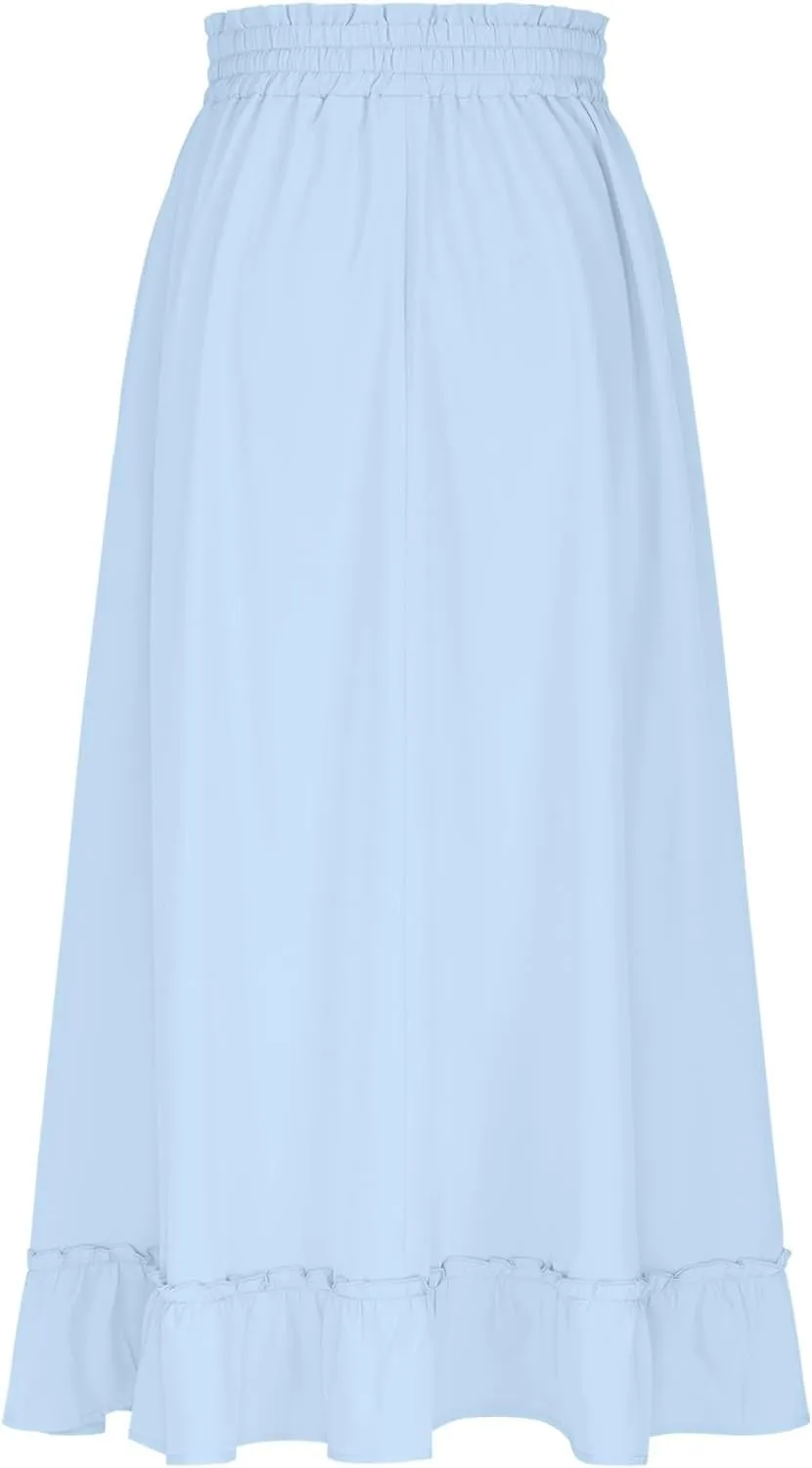 Maxi Skirts for Women Summer Casual Tiered Flowy Pleated Long Skirts Trendy Boho High Waisted Drawstring A Line Skirt