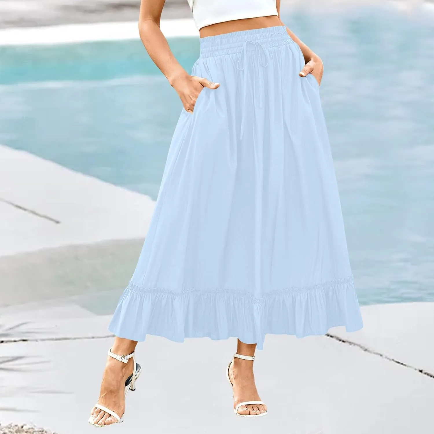 Maxi Skirts for Women Summer Casual Tiered Flowy Pleated Long Skirts Trendy Boho High Waisted Drawstring A Line Skirt