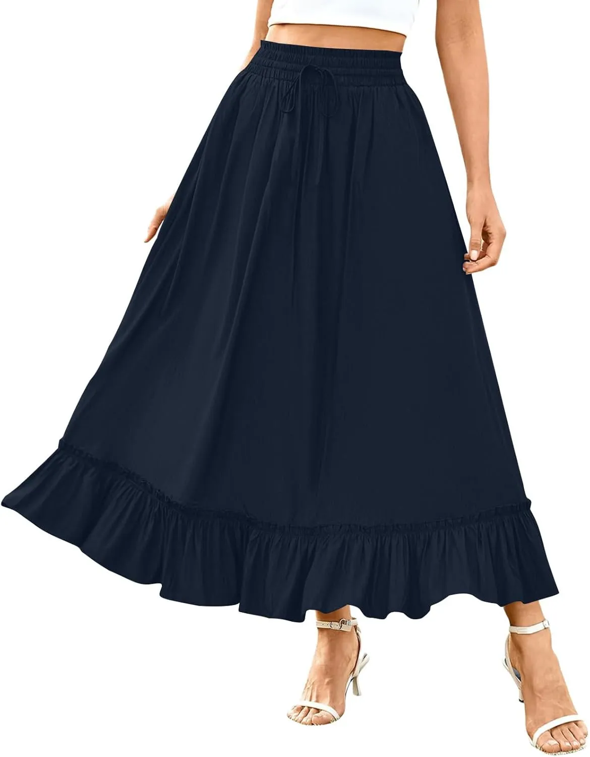 Maxi Skirts for Women Summer Casual Tiered Flowy Pleated Long Skirts Trendy Boho High Waisted Drawstring A Line Skirt