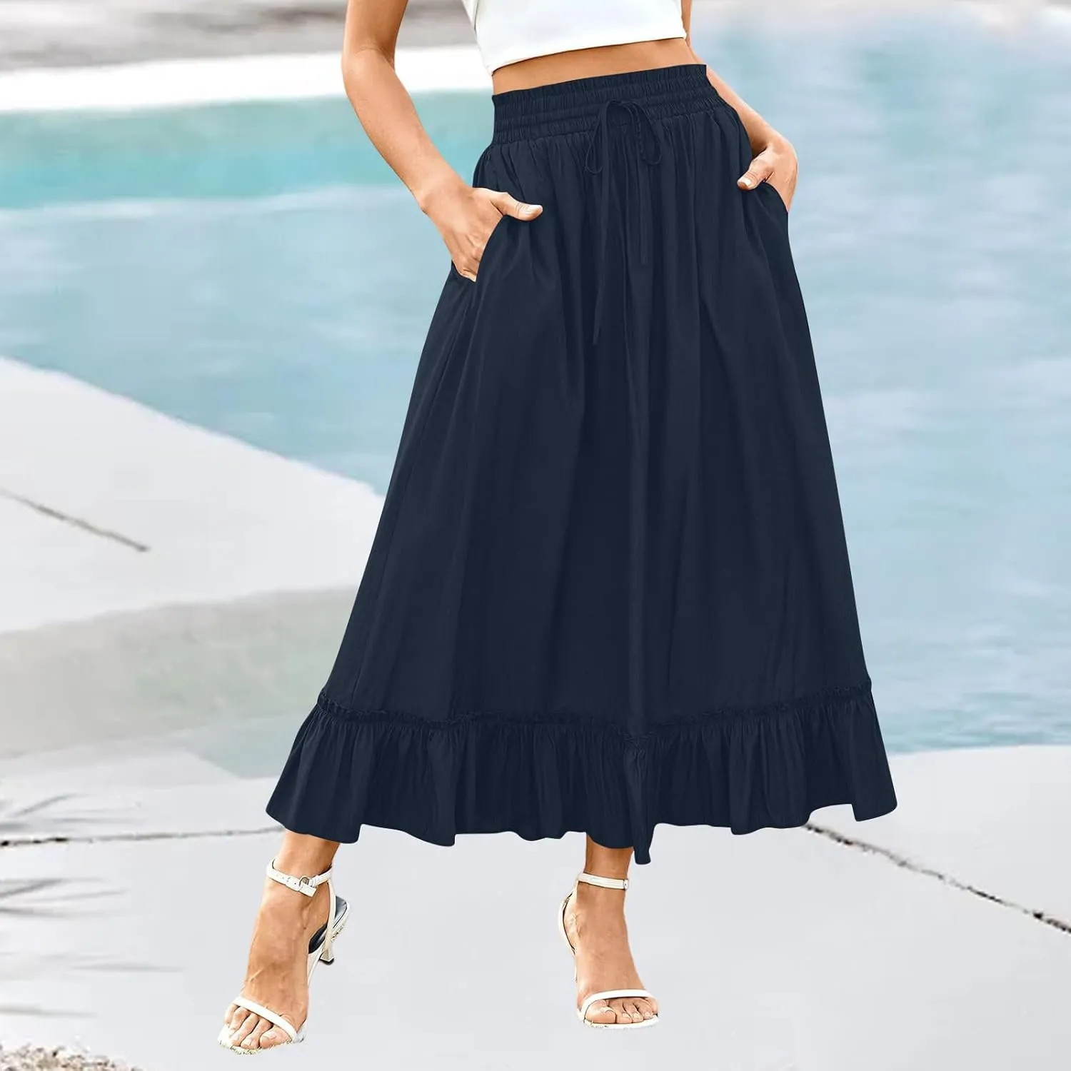 Maxi Skirts for Women Summer Casual Tiered Flowy Pleated Long Skirts Trendy Boho High Waisted Drawstring A Line Skirt