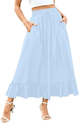 Maxi Skirts for Women Summer Casual Tiered Flowy Pleated Long Skirts Trendy Boho High Waisted Drawstring A Line Skirt