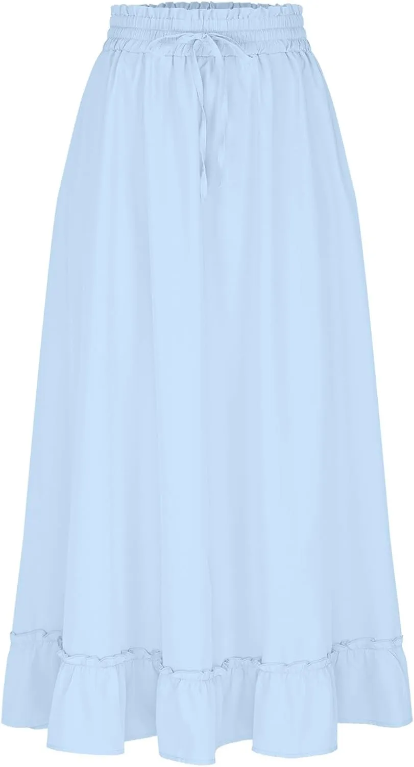 Maxi Skirts for Women Summer Casual Tiered Flowy Pleated Long Skirts Trendy Boho High Waisted Drawstring A Line Skirt