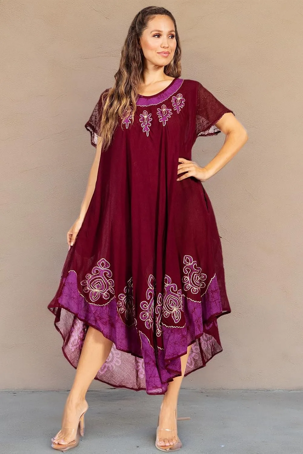 Sakkas Batik Hindi Cap Sleeve Caftan Dress/Cover Up