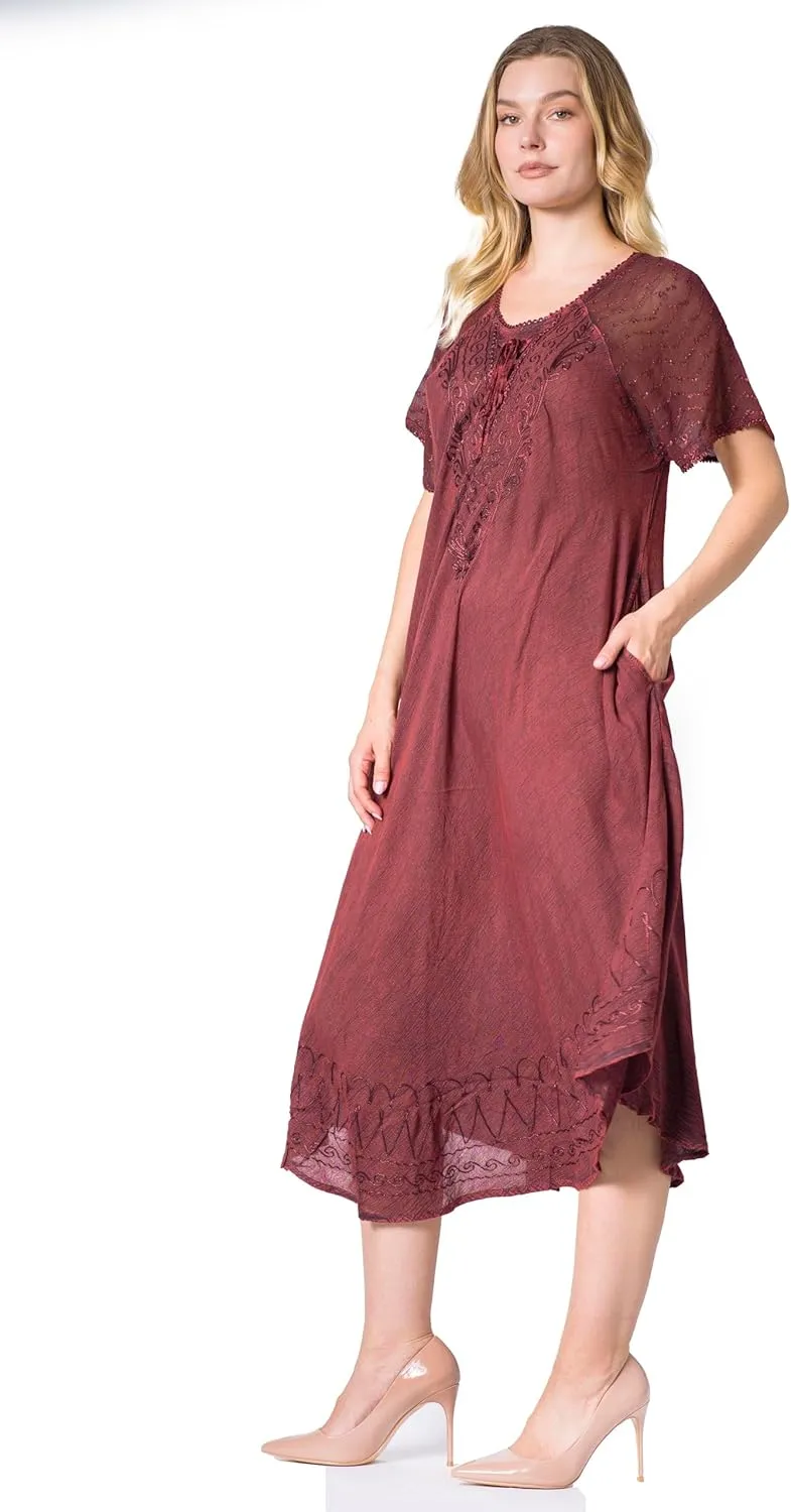 Sakkas Egan Long Embroidered Caftan Dress/Cover Up with Embroidered Cap Sleeves