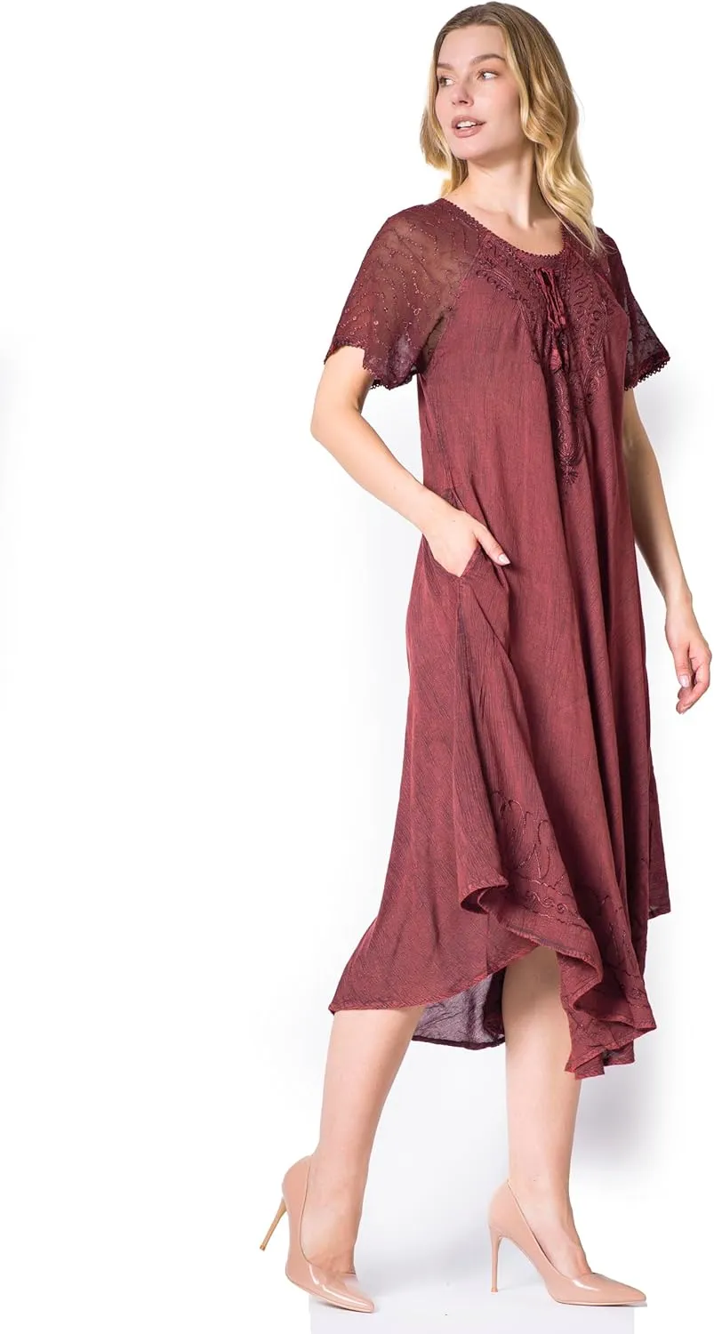 Sakkas Egan Long Embroidered Caftan Dress/Cover Up with Embroidered Cap Sleeves