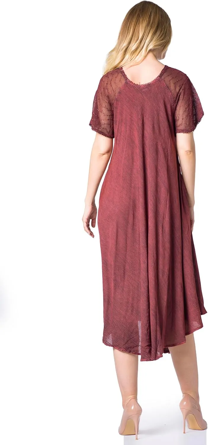 Sakkas Egan Long Embroidered Caftan Dress/Cover Up with Embroidered Cap Sleeves