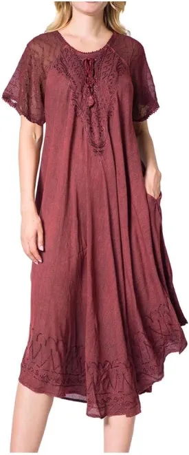 Sakkas Egan Long Embroidered Caftan Dress/Cover Up with Embroidered Cap Sleeves